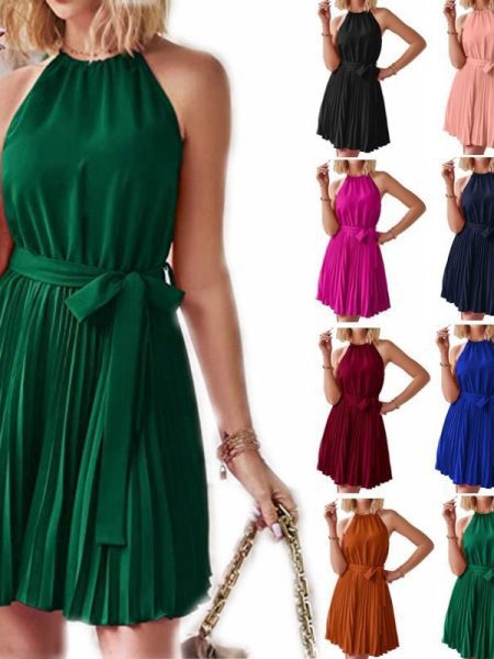 Halter Strapless Dresses For Women Solid Pleated Skirt Summer Beach Sundress