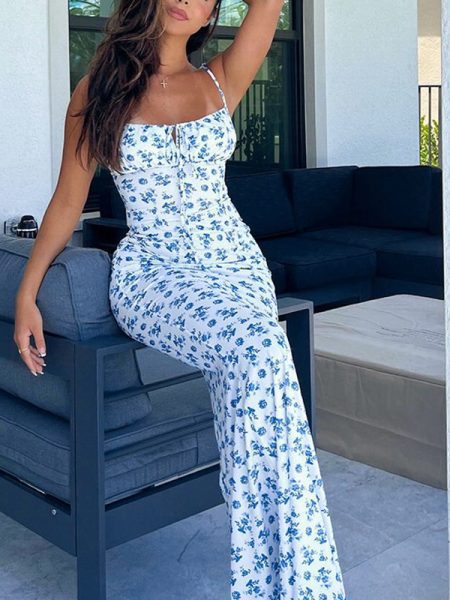 Fashion Flowers Print Suspender Long Dress Summer Lace-up Slim Backless Dresses For Women
