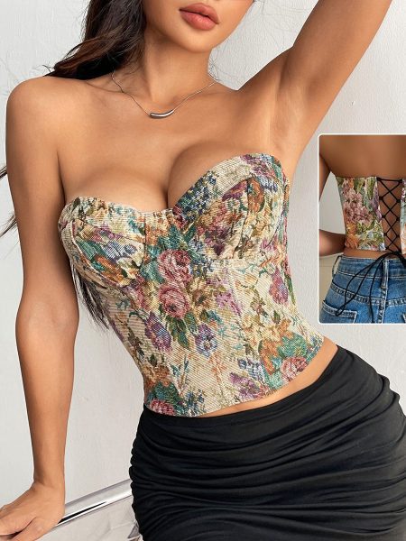 Y2K Floral Print Tube Vest Top With Back-tied Design INS Fashion Crop Corset Tank For Women Clothing