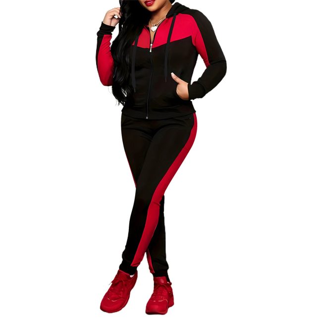 Women's Color Matching Zipper Hooded Sweater Set