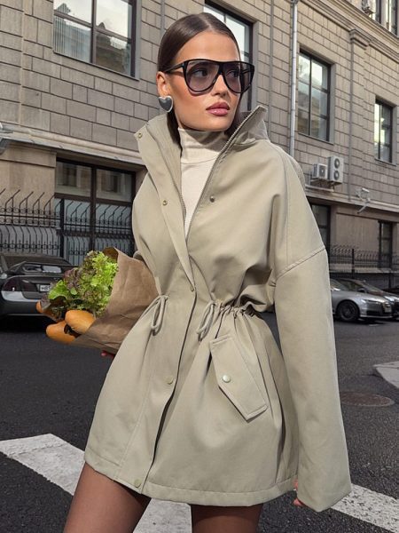 Stand-collar Mid-length Windbreaker Drawstring Waist Jacket