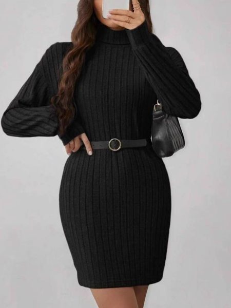 Women's Sunken Stripe Fleece Turtleneck Slim Dress