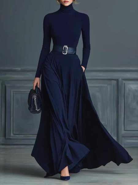 Women's Solid Color Long-sleeved Waist Dress