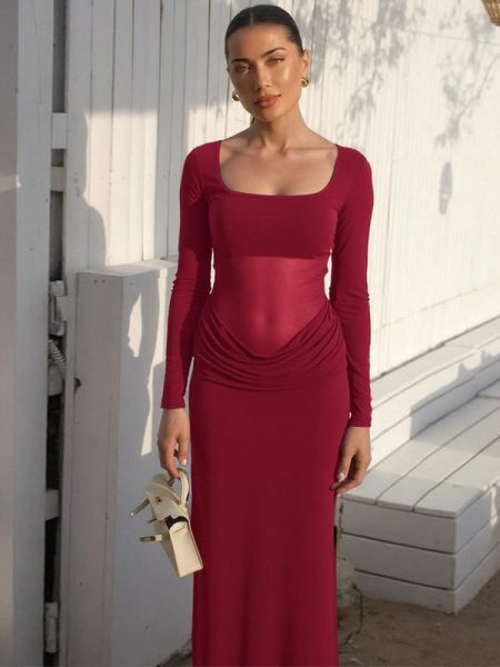 Hot Mesh Stitching Stretch Slim-fit Long-sleeved Dress