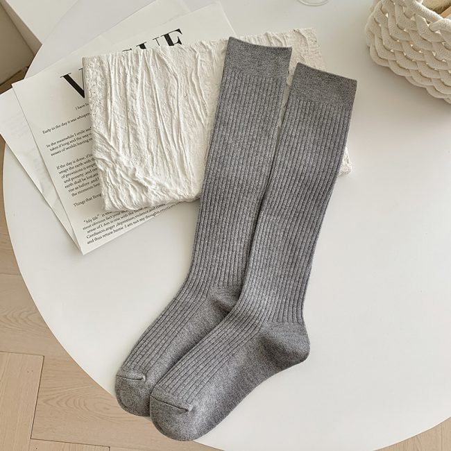 Autumn And Winter Solid Color Rib Fabric Warm Wool Calf Socks
