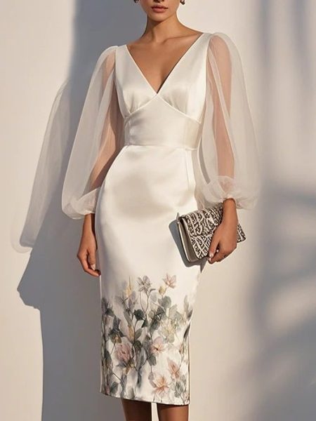 Mesh Stitching V-neck Digital Printed Dress