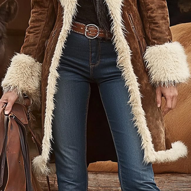 Vintage Women's Long Plush Coat With Fur Collar