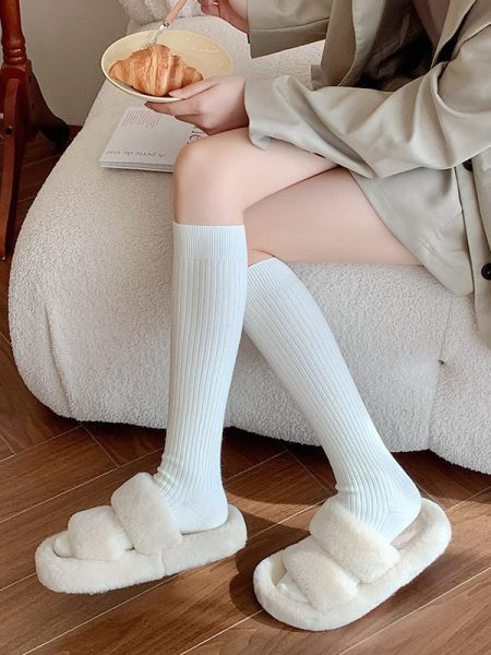 Autumn And Winter Solid Color Rib Fabric Warm Wool Calf Socks