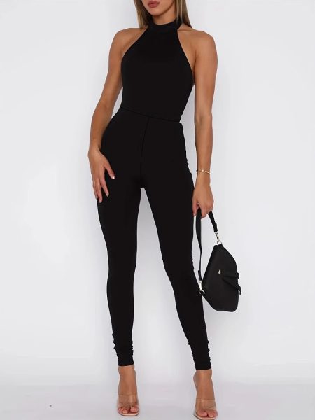 Women's Pure Color Halter Backless Sexy Slim-fit Jumpsuit Trousers