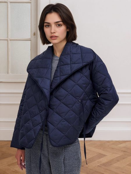 Sapphire Blue With Rhombic Quilted Short Loose Design Cotton-padded Coat