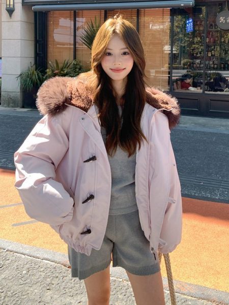 Big Fur Collar Hooded Horn Button Cotton-padded Jacket Women's Casual Loose