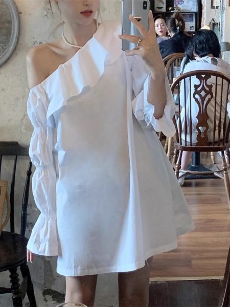 Women's Ruffled Irregular Off-shoulder Long Sleeve Dress