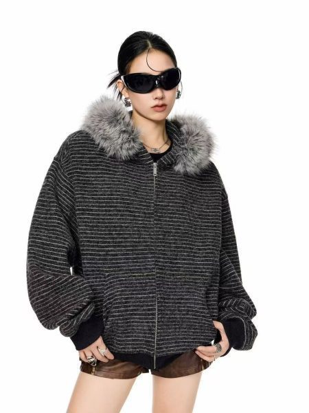 Vintage Fur Collar Couple Hooded Zipper Cardigan Sweater