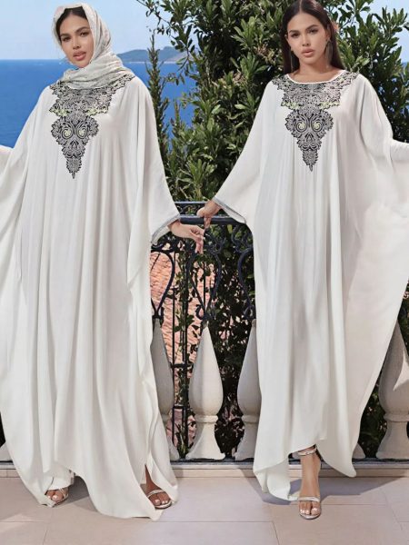 Plus Size Women's Middle East Muslim Robe Machine Embroidery Stitching Lace Dress