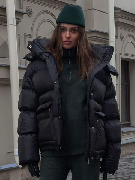 Women's Cottonpadded Overcoat Jacket Square Pocket Cushion Warm Hooded Cotton