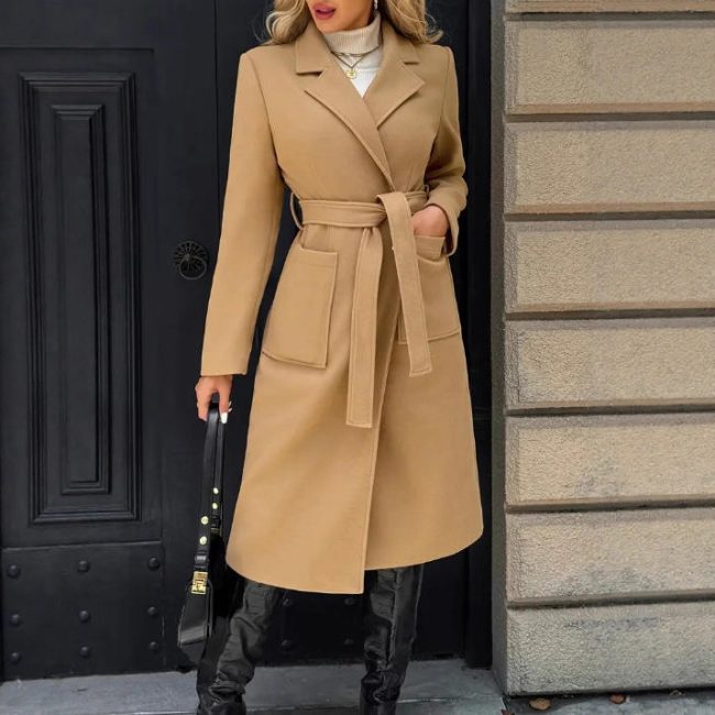 Women's Woolen Simple Lace Waist-tied Coat