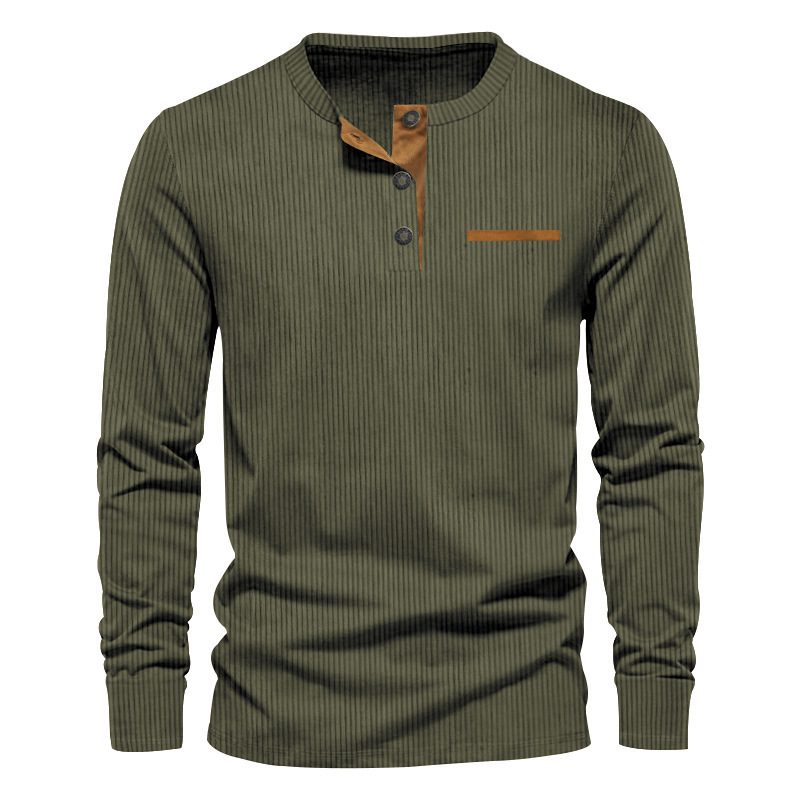 Men's Independent Stand Corduroy Casual Henley Slim Solid Color Long Sleeve T-shirt