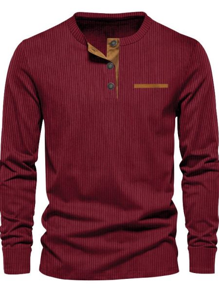 Men's Independent Stand Corduroy Casual Henley Slim Solid Color Long Sleeve T-shirt