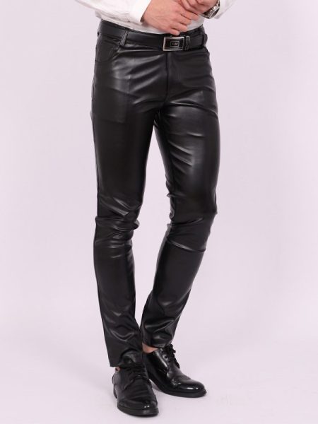 Men’s Skinny Leather Motorcycle Pants – Tight Elastic Fit