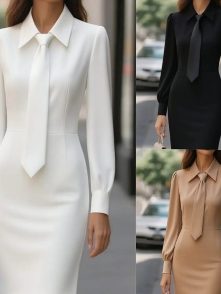 Autumn Fashion Temperament Pure Color Waist Tie Long Sleeve Dress For Women