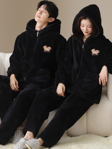 Plush Couple Pajamas Women's Winter Casual Zipper Hooded Outerwear Men's Homewear Suit