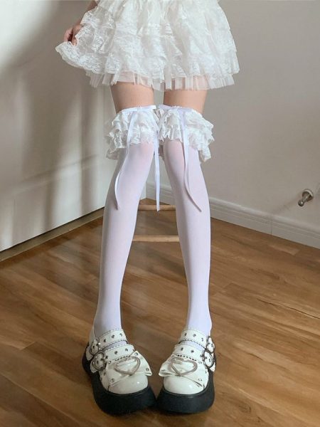 Multi-layer Lace White Knee Socks Bow Stockings