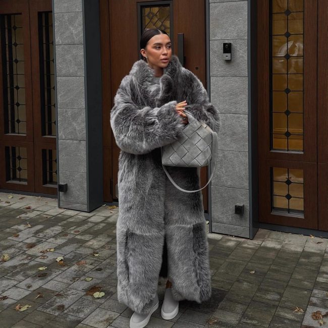 Women's Black And White Two-color Artificial Wool Coat