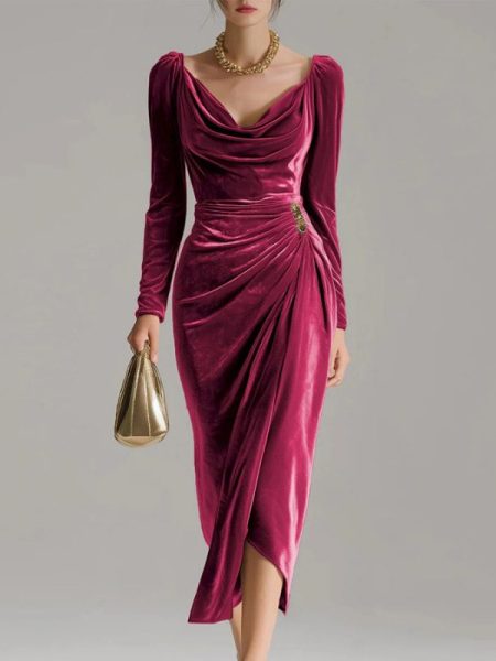 Long Sleeve Pleated Long Slit Velvet Sheath Dress