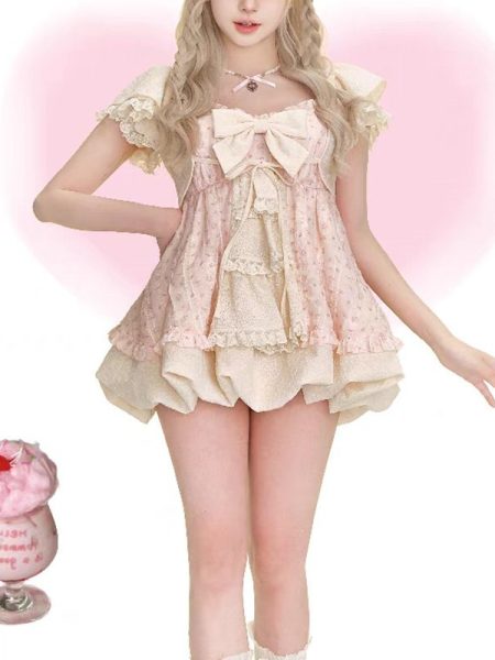 Apricot Shawl Bow Lace Bud Dress Two-piece Set