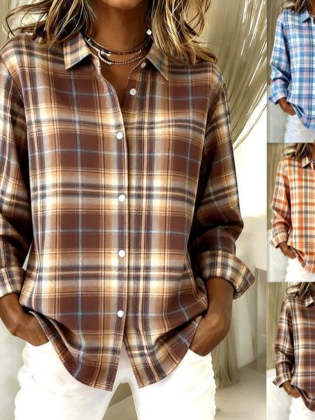Women's Long-sleeved Lapel Plaid Button Shirt Top