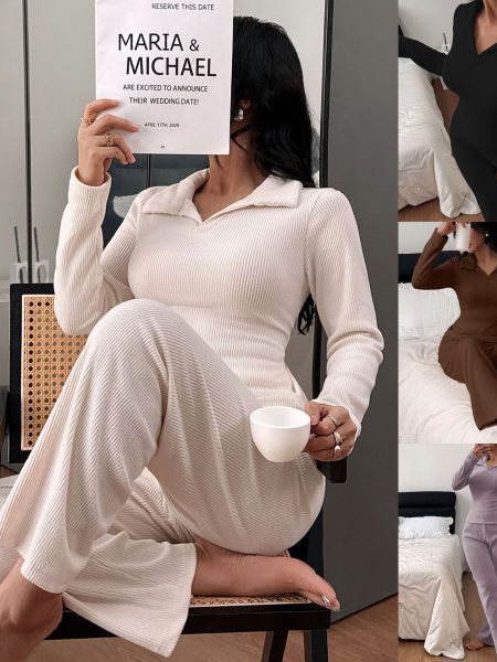 New Knitted Polo Collar Long-sleeved Casual Trousers Pajamas Homewear Suit