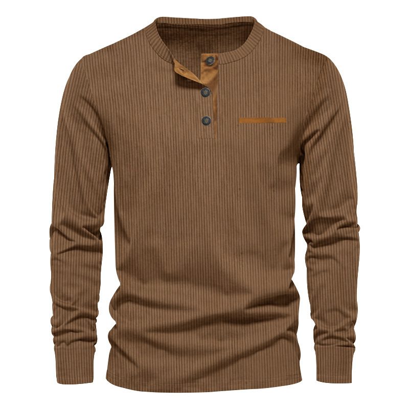 Men's Independent Stand Corduroy Casual Henley Slim Solid Color Long Sleeve T-shirt