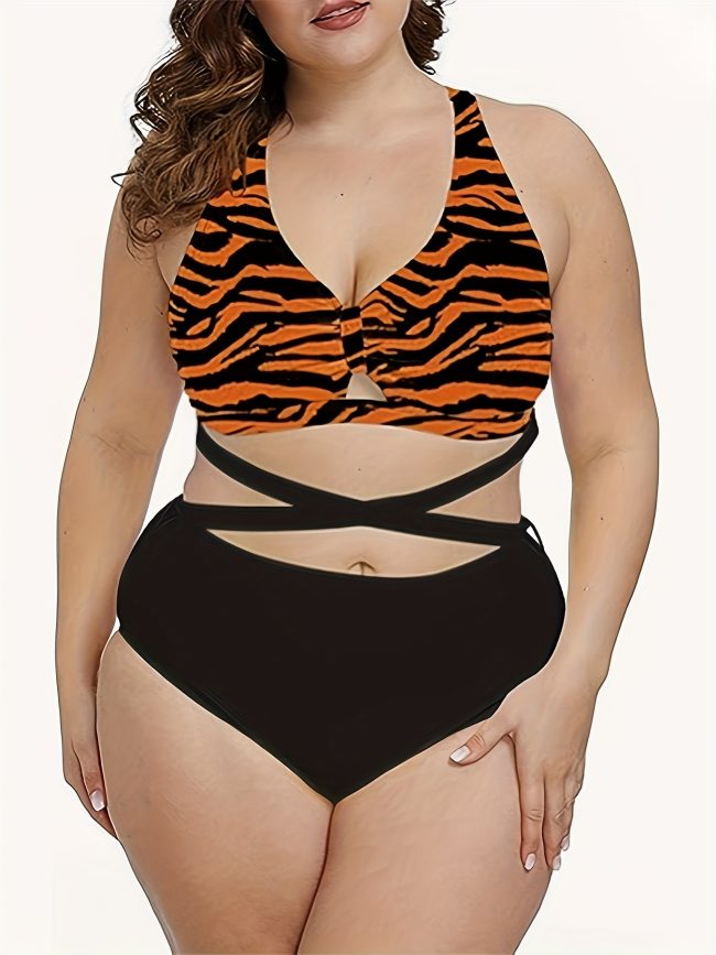 Women's Plus-size Bikini With Crisscross Straps And Zebra Print
