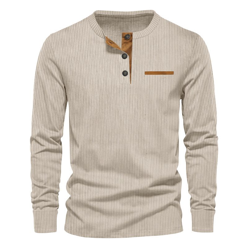 Men's Independent Stand Corduroy Casual Henley Slim Solid Color Long Sleeve T-shirt