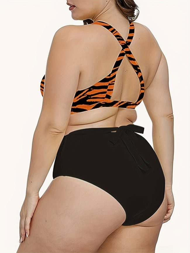 Women's Plus-size Bikini With Crisscross Straps And Zebra Print