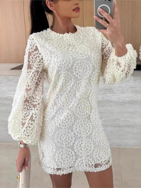 Lace Texture Fabric Balloon Sleeves Loose Mini Dress
