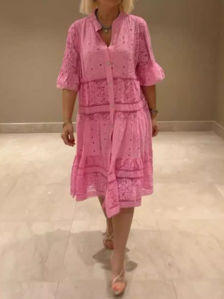 Solid Color And V-neck Button Stitching Lace Dress