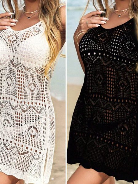 Solid Color Hollow-out Split Dress With Suspenders