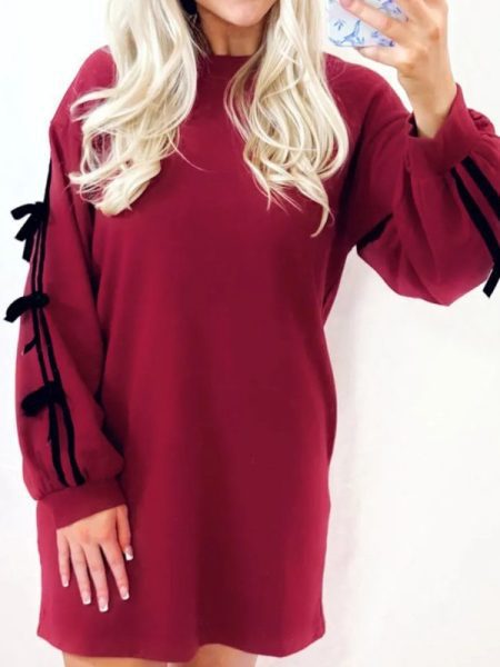 Racing Red Contrast Color Striped Bow Decoration Drop Shoulder Sweater