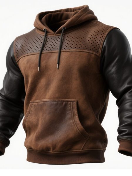 Men's Retro Brown Leather Decorative Perforated Hooded Casual Sweatshirt