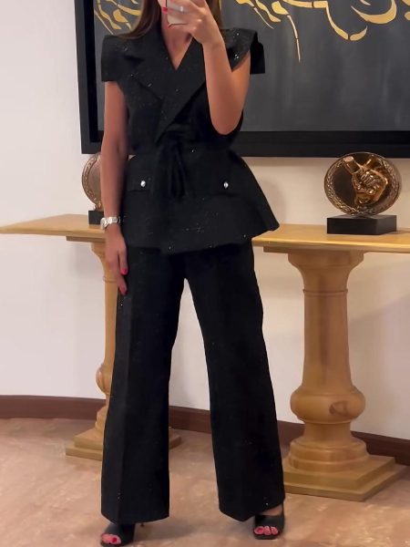Black Glitter Sleeveless Blazer And Wide-Leg Pant Set With Tie Waist Detail