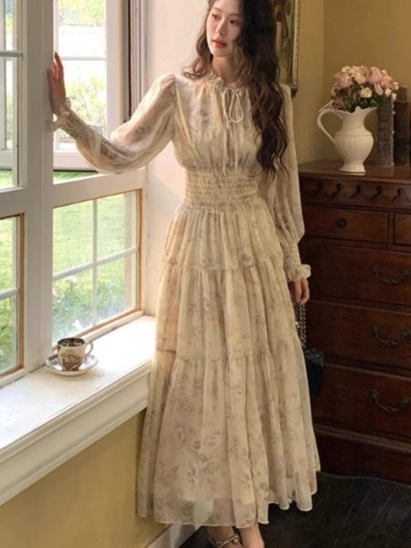 Women's French Floral Chiffon Long Waist Dress