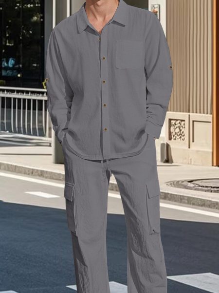 Long Sleeve Lapel Linen Shirt Overalls Suit