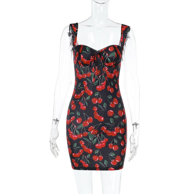 Playful Contrasting Cute Print Low-cut Lace-up Figure-flattering Strappy Short Dress