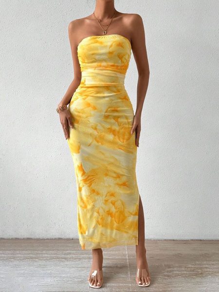 Women's Mesh Floral Print Dress New High Waist Slim Slit Tube Top