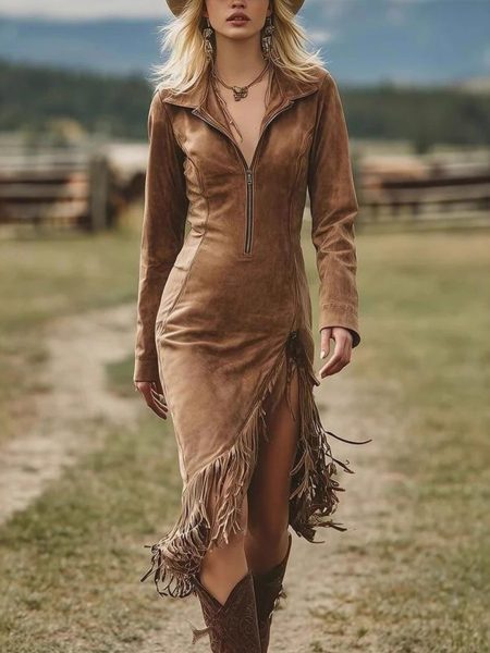 Cowboy Style Suede Fringe Slim-fit Long Sleeve Dress