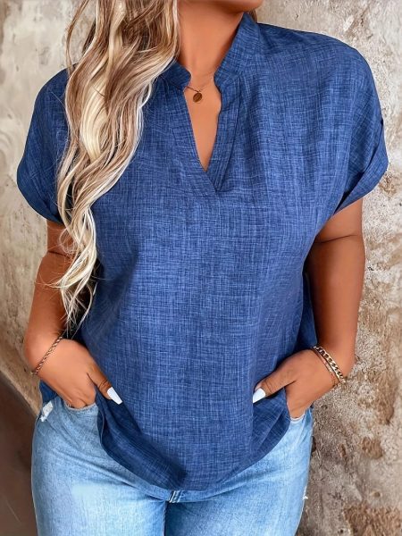 Women's Notched V-neck Batwing Sleeve Blouse Shirt