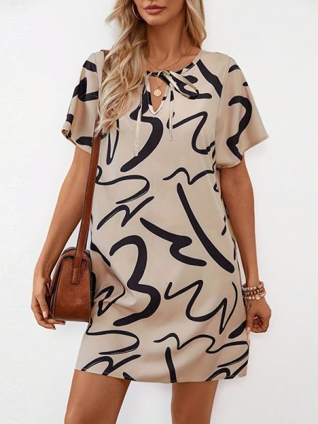 Elegant Commuter Knit Print Tie Loose Dress