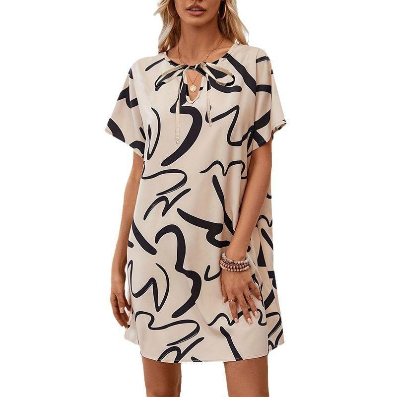 Elegant Commuter Knit Print Tie Loose Dress