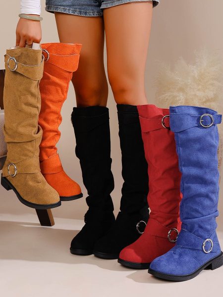 Pleated Flat-bottom Western Cowboy Boots For Women With Belt Buckle